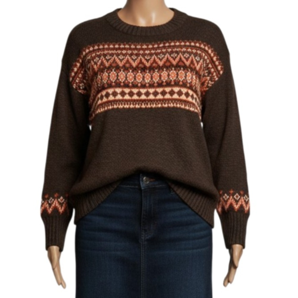 LL Bean Fair Isle Sweater Womens XL Brown Cotton Ragg Knit Crewneck Pullover